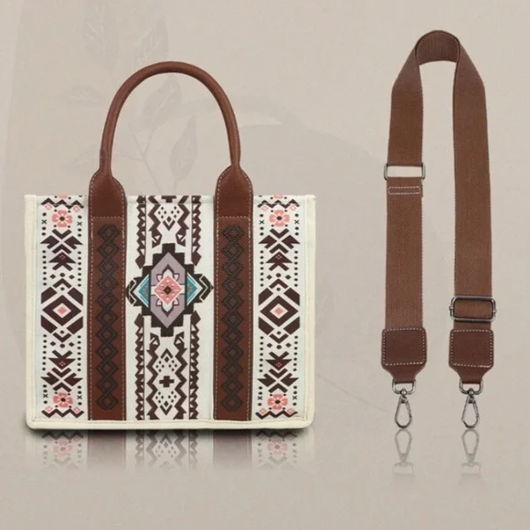 Brown and Cream Geometric Tote Bag Set - Picture 3 of 6